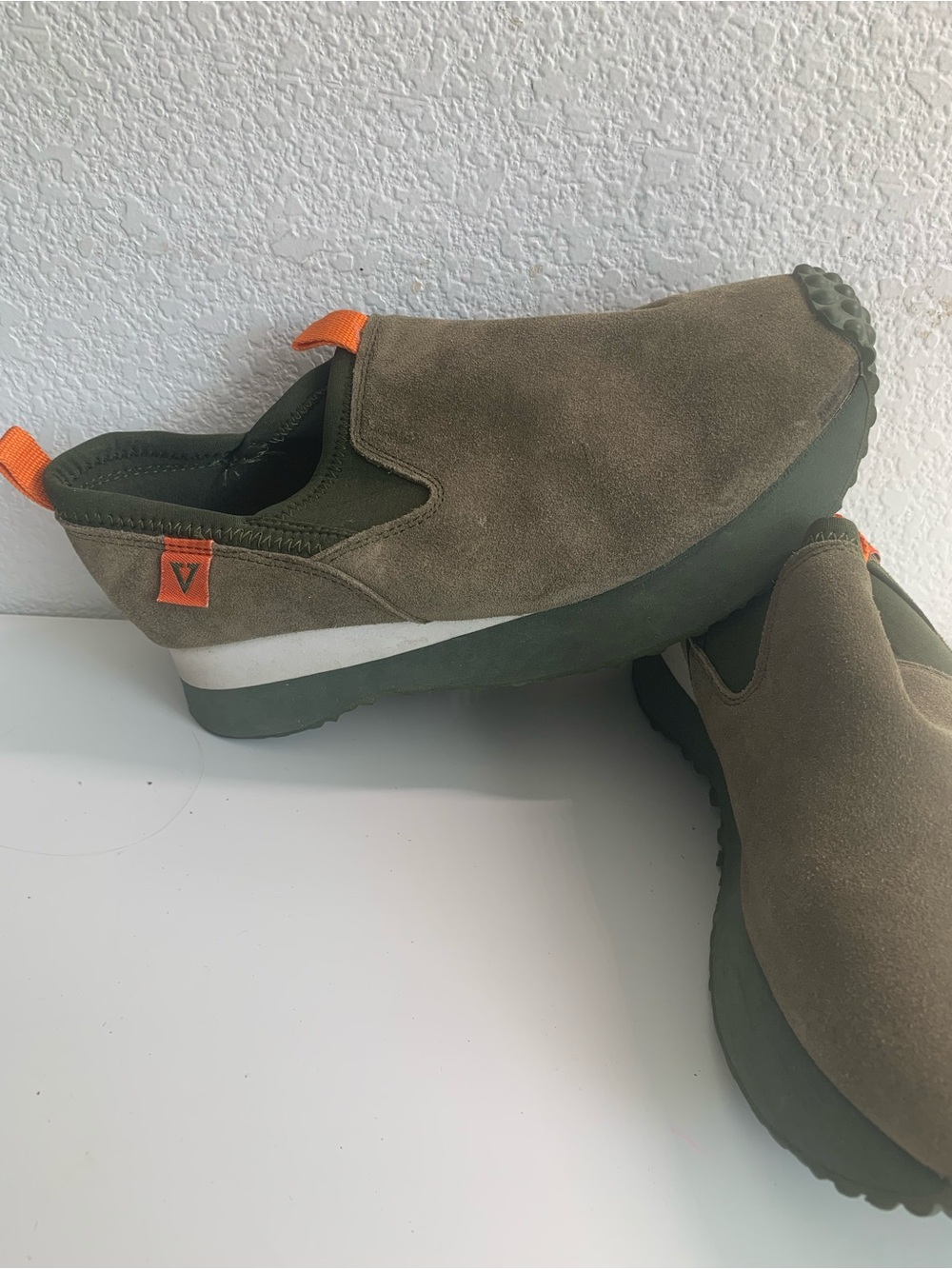 Volatile Olive Suede Slip-On Loafers with Orange Pull Tabs
